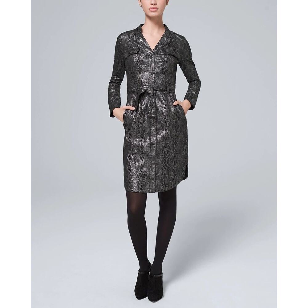 White House Black Market Animal-Print Foil Shirt Dress Silver Black Snake Size 6